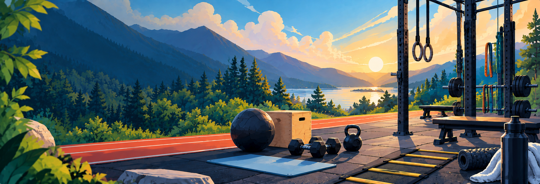 Outdoor training area overlooking mountains and a lake at sunrise